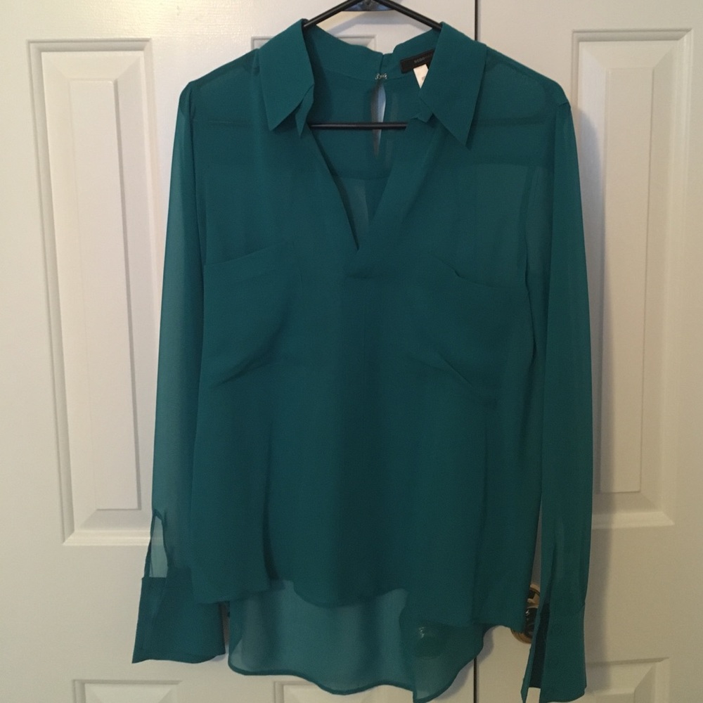 BCBG teal silk sheer blouse